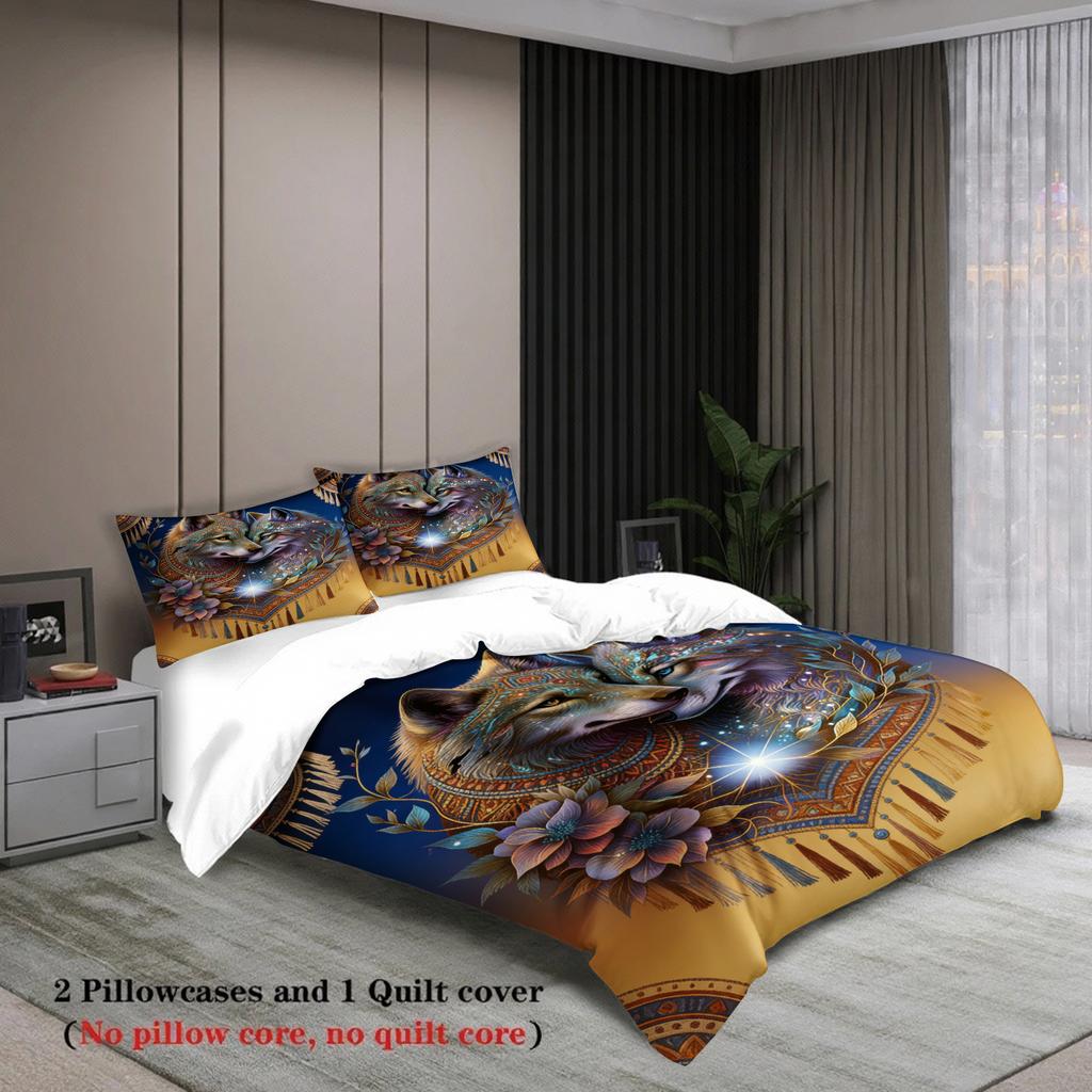 Wolf Couple Bedding Set Blue And Gold Mandala Floral Pattern Duvet Cover Pillowcases Wrinkle-Free For Bedroom Decor
