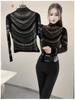 De Rong Women's High-Class Autumn Winter Half-High Collar Long Sleeve T-Shirt with Hot Drilling