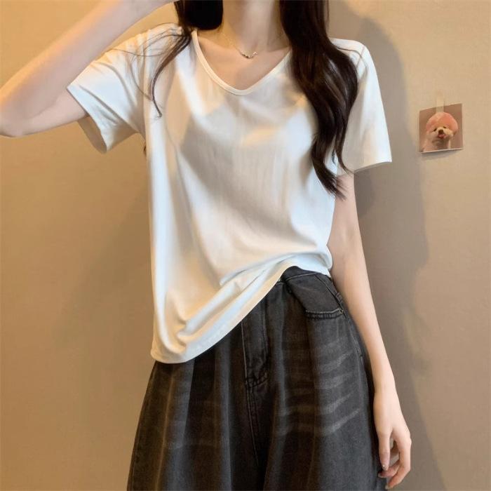 Simple and fashionable bottoming shirt U-neck front shoulder T-shirt women's short-sleeved white top spring and summer loose and casual