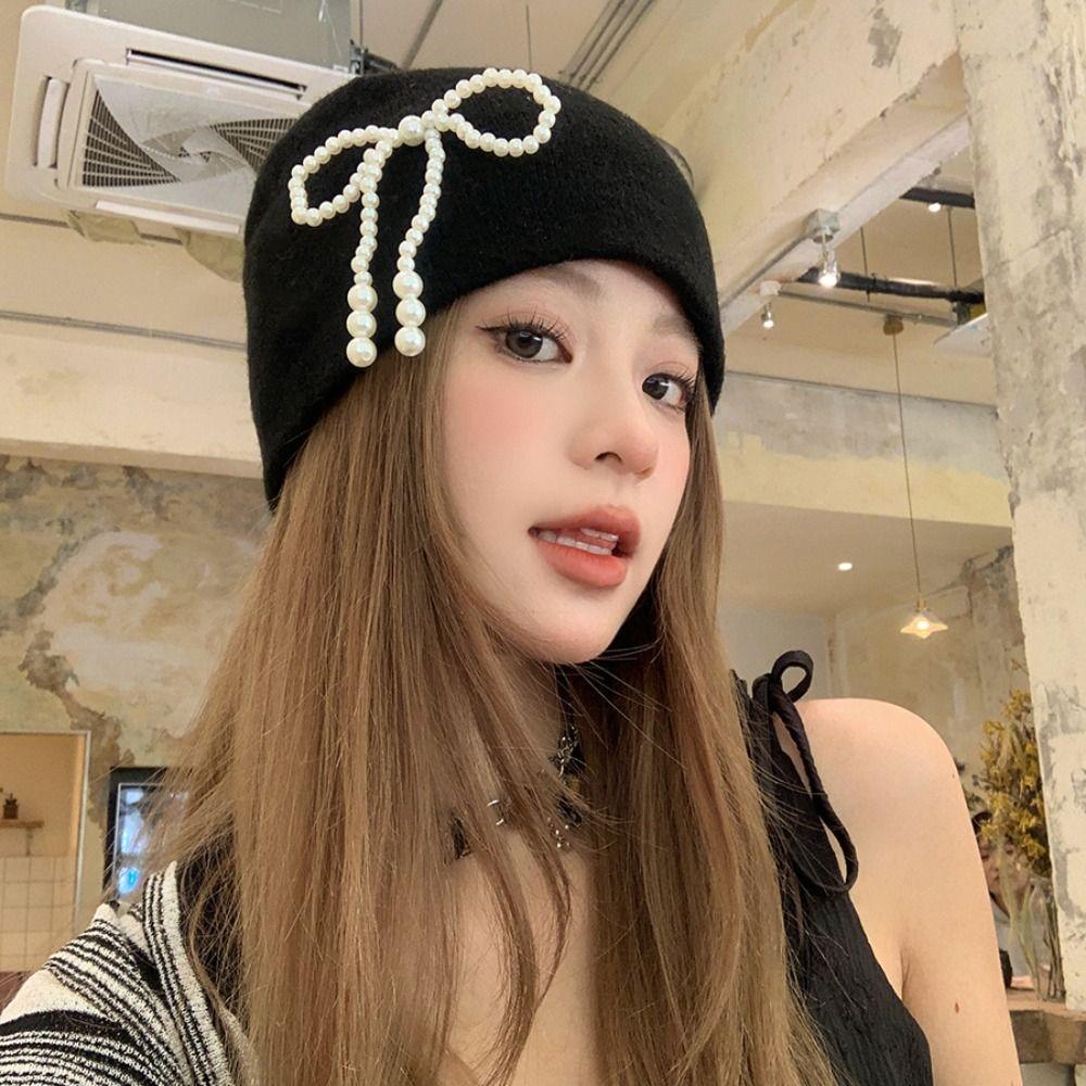 Casual Pearl Bow Beanies Cap Ear Protector Korean Wool Hat Stacking Knitted Bonnet Cap  Girls