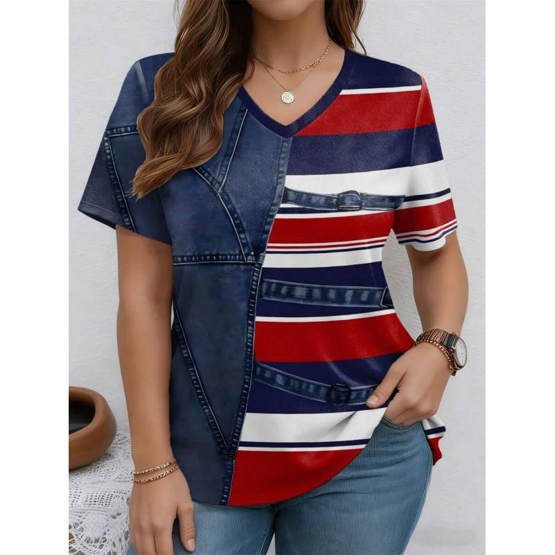 V-Neck Short Sleeve T-Shirt With Blue White Striped Print Loose Fit Casual Top Women 2025