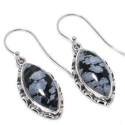 Natural Snowflake Obsidian Gemstone 925 Solid Sterling Silver Earring 1.50" J9F82