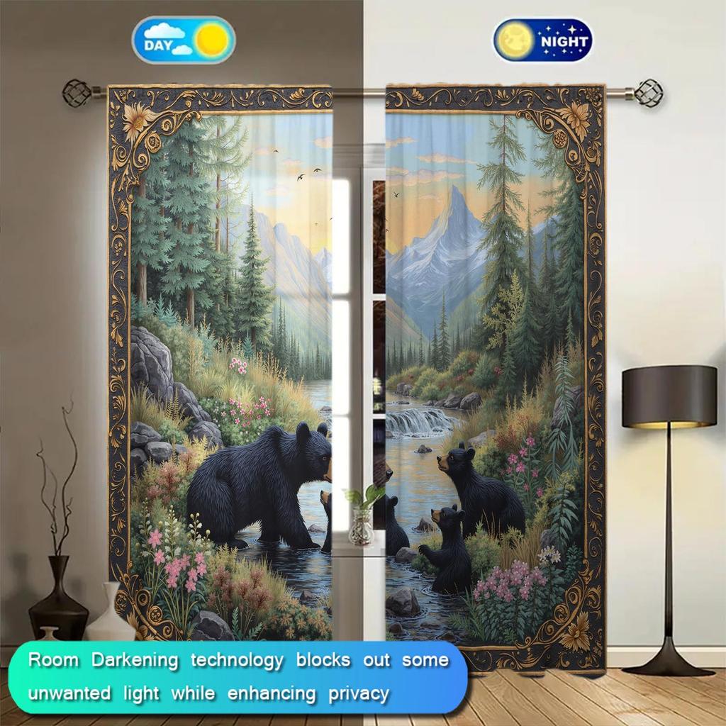 2pcs Forest Brown Bear Family Decoration Printed Curtains   Suitable for Decorating Various Rooms