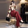 Spring Autumn Women Temperament Elegant Countryside Style Chinese High-end Feeling Red Flower Top Suit Pants Two-piece Set