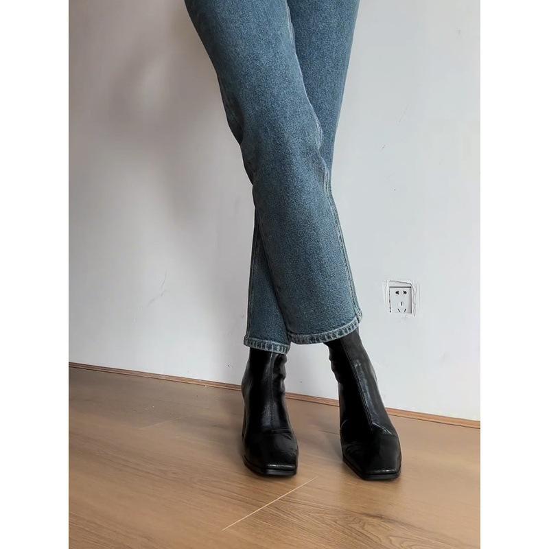 Square head temperament high heel thin boots rear zipper black martin boots thin French thick heel short boots women