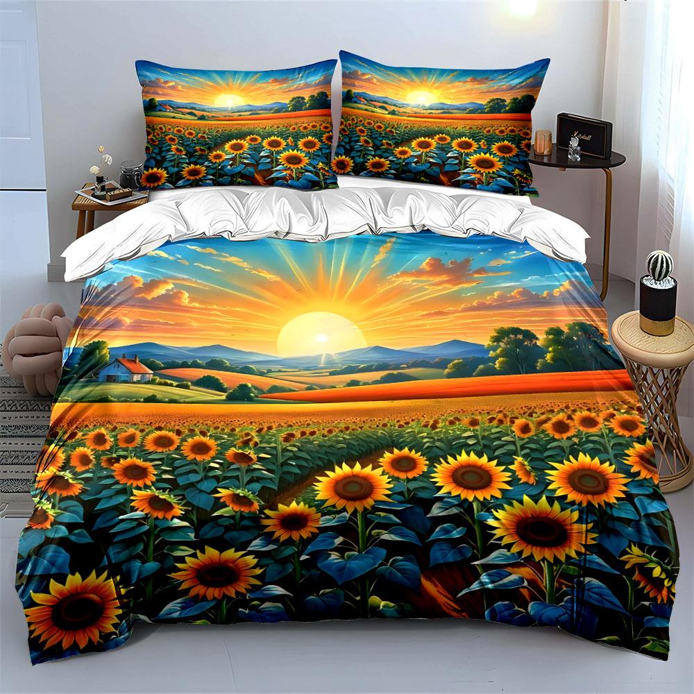 Sunflowers and Sunrise Landscape Bedding Duvet Cover Set (1*Duvet Cover 2*Pillowcases, without duvet insert)