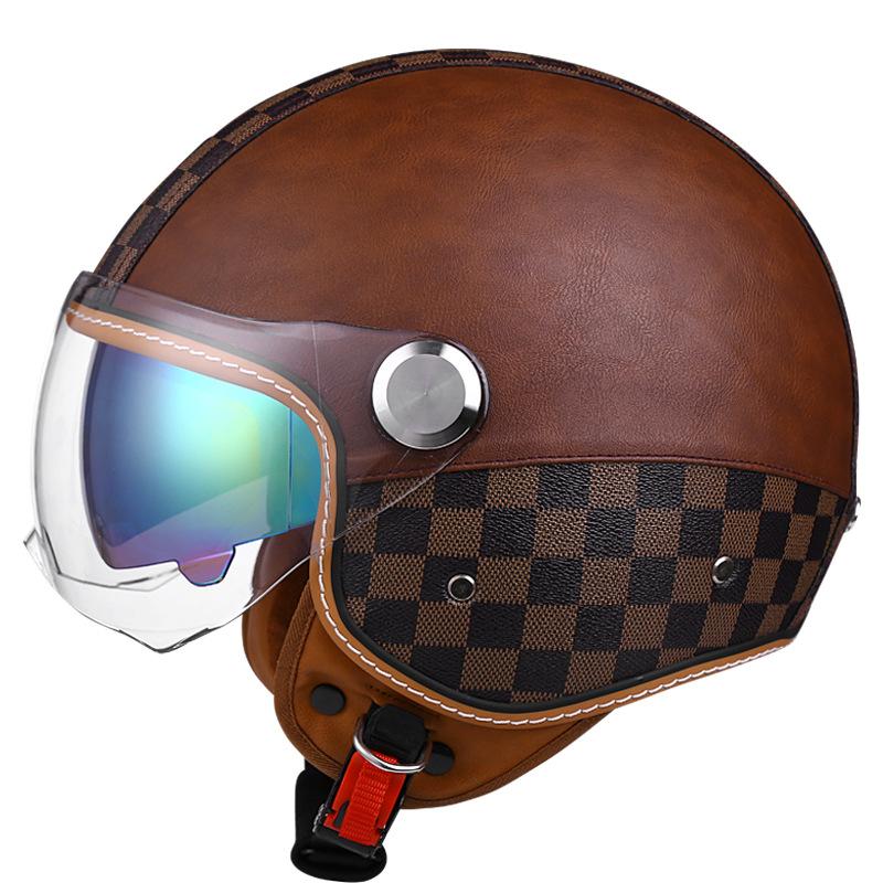 Double Striation Double Visor Leather Jet Helmets Daul Lens DOT Retro Open Face Motorcycle Helmets Double Visor Racing Helmet