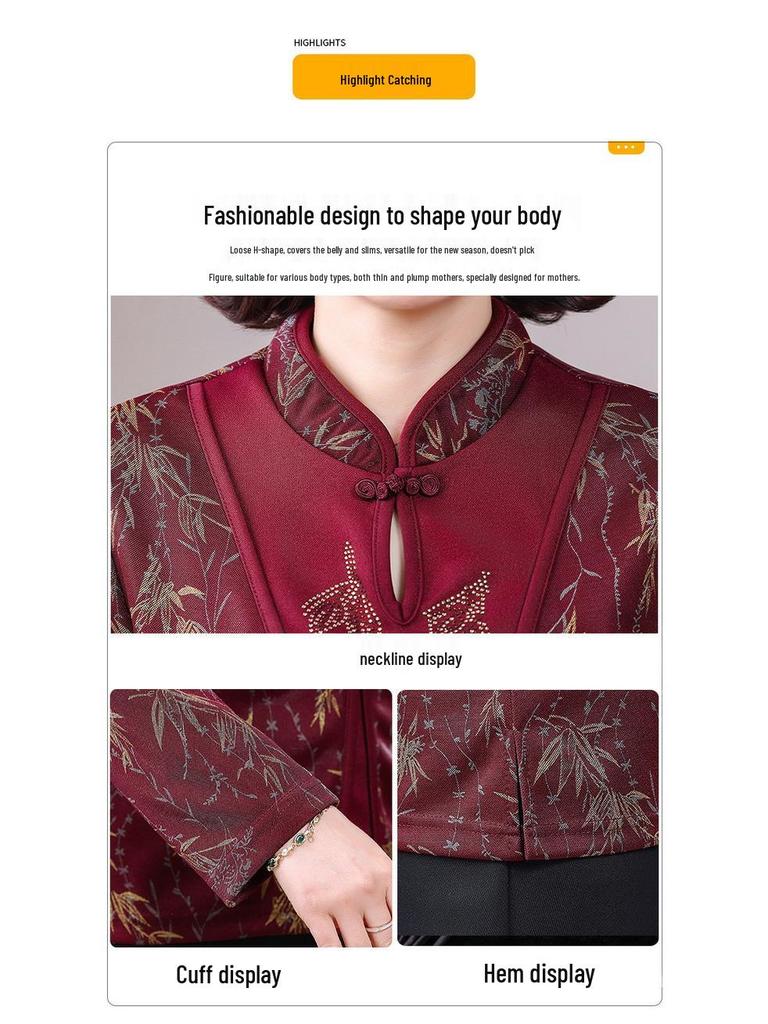 Spring Outfit: New Chinese Style Long Sleeve T-Shirt for Middle-Aged and Elderly Women, Plus Size Available