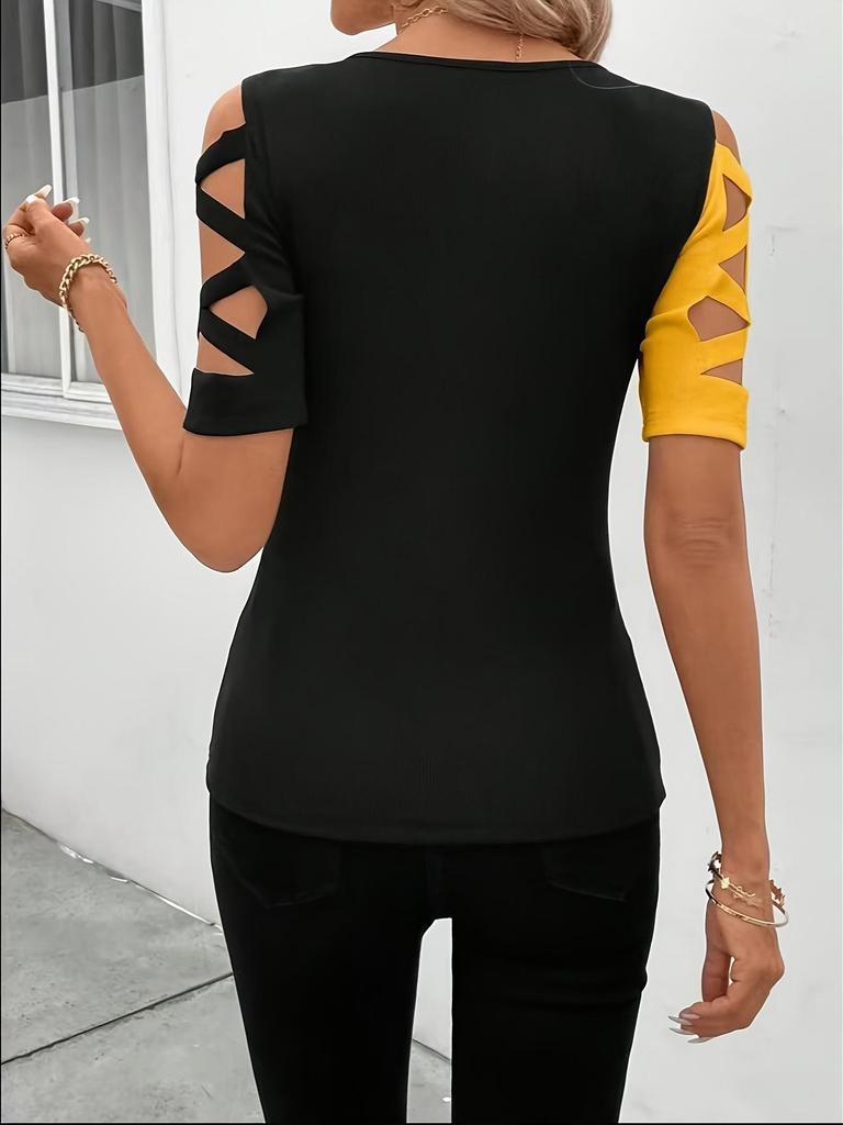 Damski Top Kolorowy Blokowy Z Odkrytymi Ramionami, Krótki Rękaw, Wyszczuplający, Elastyczny, Duży Rozmiar