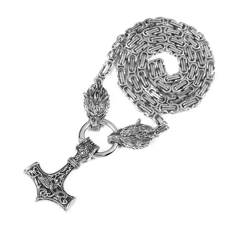 Foreign Trade Retro Nordic Viking Rune Hammer Pendant Wolf Head Necklace Bracelet Jewelry Set Stainless Steel Chain