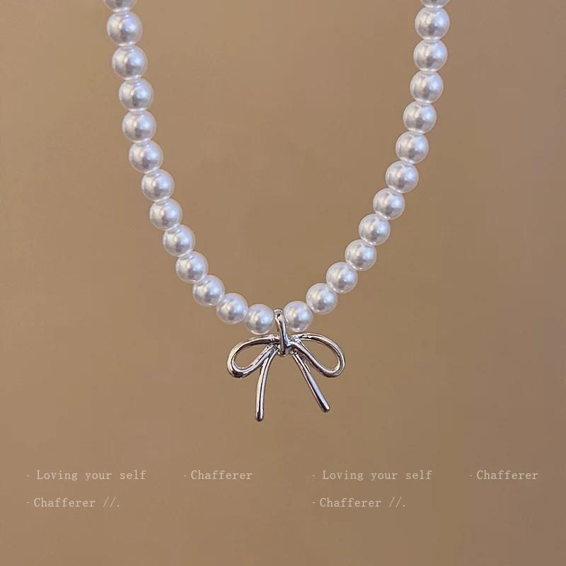 Elegant Ballet-Style Bow Pearl Necklace: Luxurious Clavicle Chain for Women
