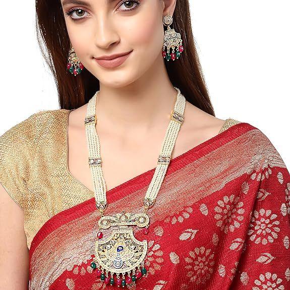 01 Jewellery Set Gold Plated Long Necklace Hyderabadi Design Pearl Peacock Necklace Set With Earring Jewellery For Women & Girls