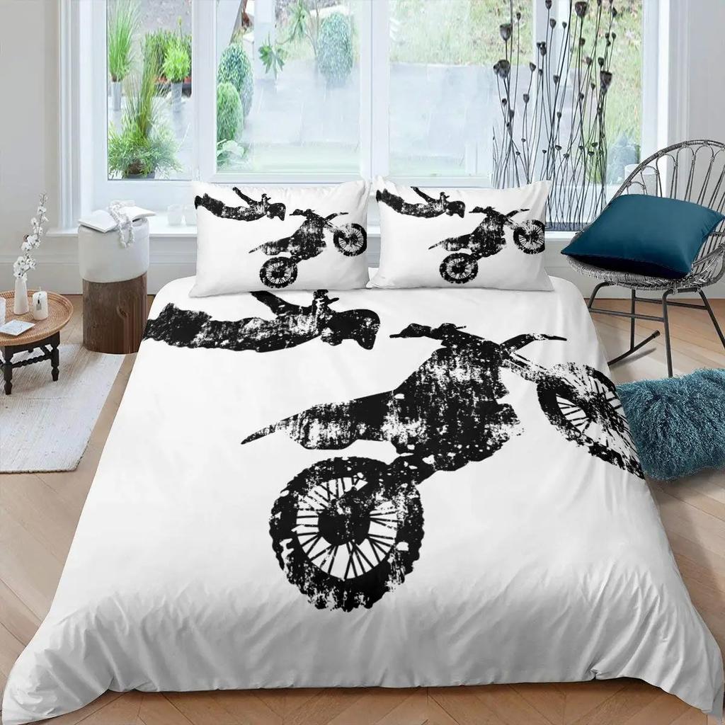 3D Motocross Duvet Cover King Size Microfiber Red Black Dirt Bike Extreme Sports Motorcycle Bedding Set