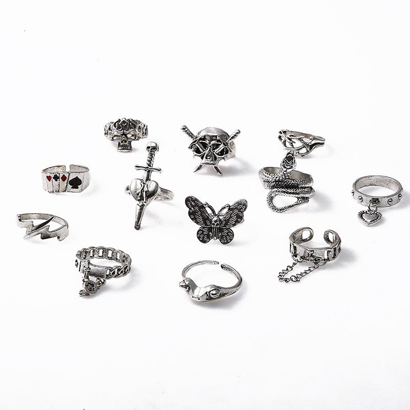 Set of Rings, Exaggerated Skull, Sword, Punk Style, Snake-shaped Butterfly, Animal Combination, 12-piece Set