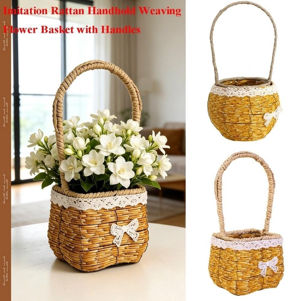 With Handle Imitation Rattan Handhold Handwoven 2 Colors Weaving Flower Basket Household Braid Storage Baskets