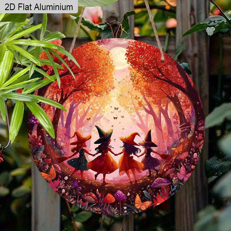 2D Flat Aluminium Halloween Sign with Oil Painting Witchs Pattern - Halloween Figurine Ornaments - Ideal for Front Door, Wall, Porch, Window Decor