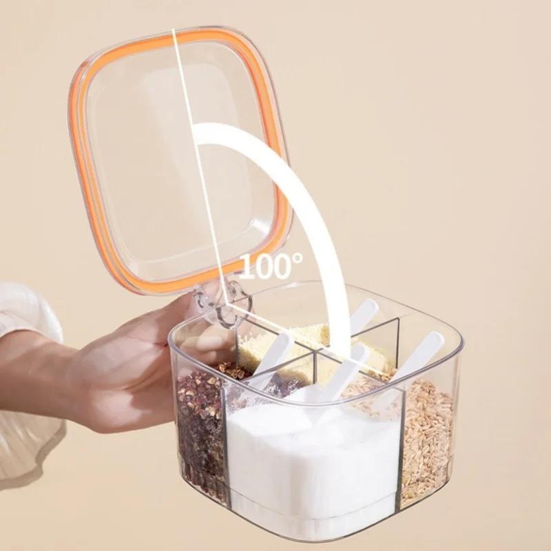 4 Grids Salt Pepper Seasoning Box Transparent Lid Spice Jar Chili Powder Sugar Bowl Condiments Storage Container Kitchen Gadgets