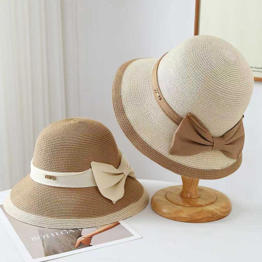 Straw Hat High-end Fine Grass Warped Edge Bow Women's Small Top Hat Small Edge Straw Hat Sun Protection Sunshade Basin Hat Fisherman