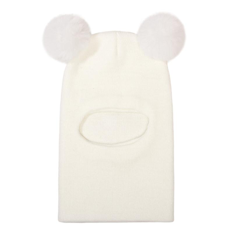 

Warm Stretchy Acrylic Earflap Hat For Toddlers Adorable Double Ball Design Machine Washable белый