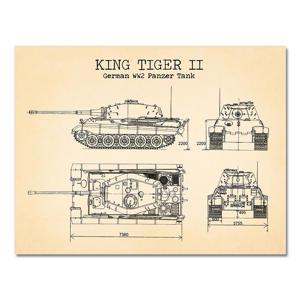 WW2 Tank Patent Vintage Posters and Prints German Tank King Tiger 2 Blueprint Art Canvas Painting Boys Gifts Wall Art Decor
