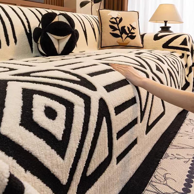 Geometric Patterns Thickened Winter Plush Warm Sofa Cover Durable Couch Cushion for Living Room Furniture Dust-proof Blanket