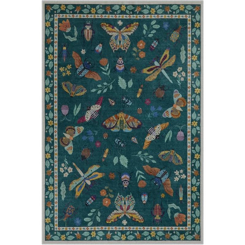 Insect Theme Green Area Rug Soft Washable Modern Stain Resistant Large Kids Nursery Carpet for Bedroom Living Room Home Decor