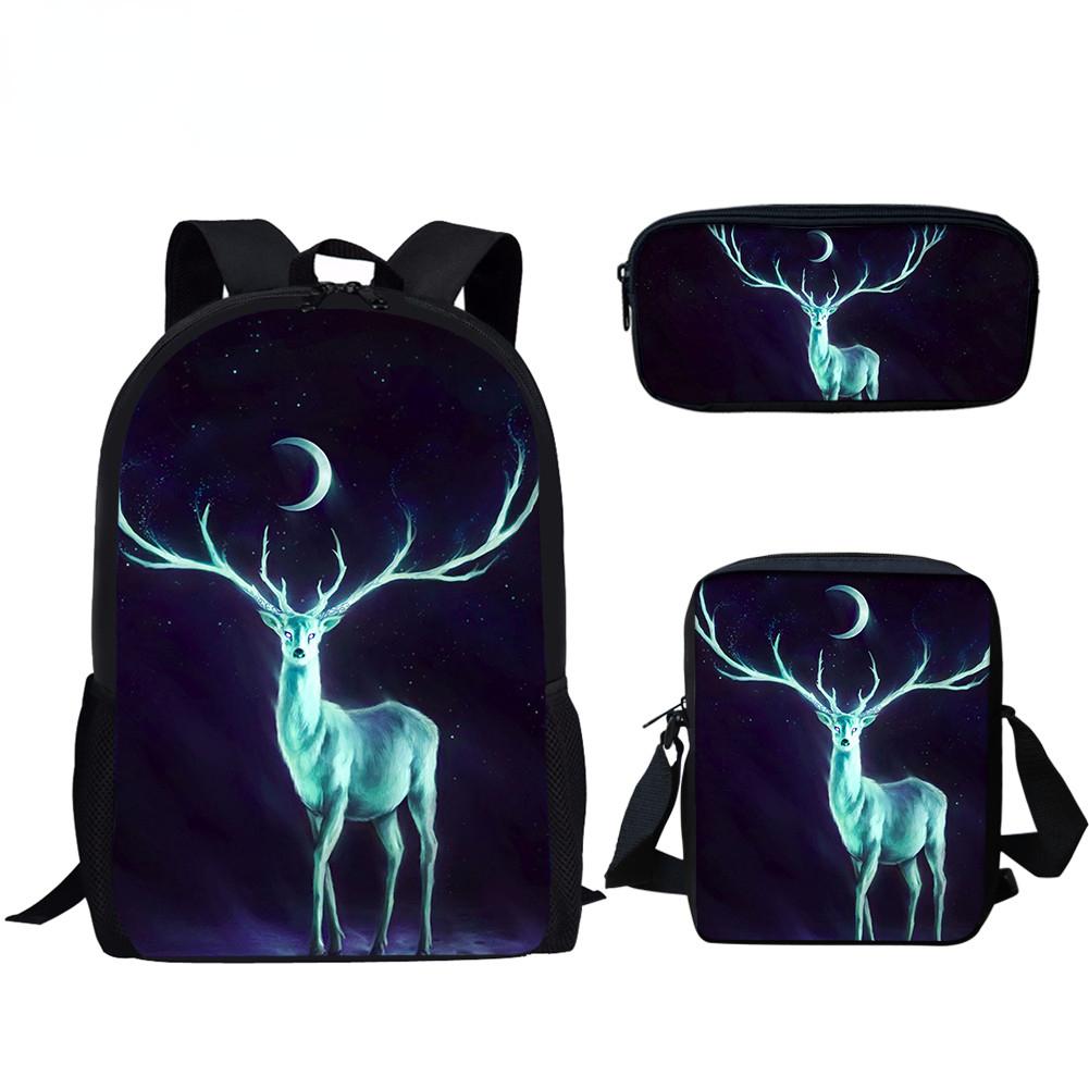 Klassiek Populair Dier Hert 3D Print 3 stuks/Set leerling Schooltassen Laptop Dagrugzak Rugzak Schuin gedragen schoudertas Etui