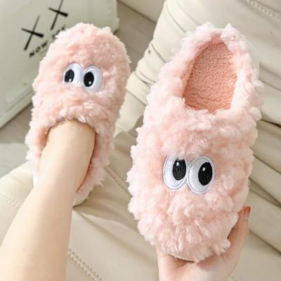 Fashion Lovely Big Eyes Monster Cartoon Slippers  Winter Outdoor Faux Fur Funny Warm Plush Thick Sole Cotten Shoes(One Size Smaller)