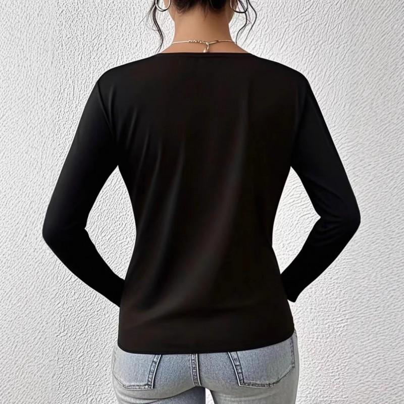 Womens Plus Size Solid Color Long Sleeve Top V-Neck Casual Loose Fit Daily Wear Fall 2025