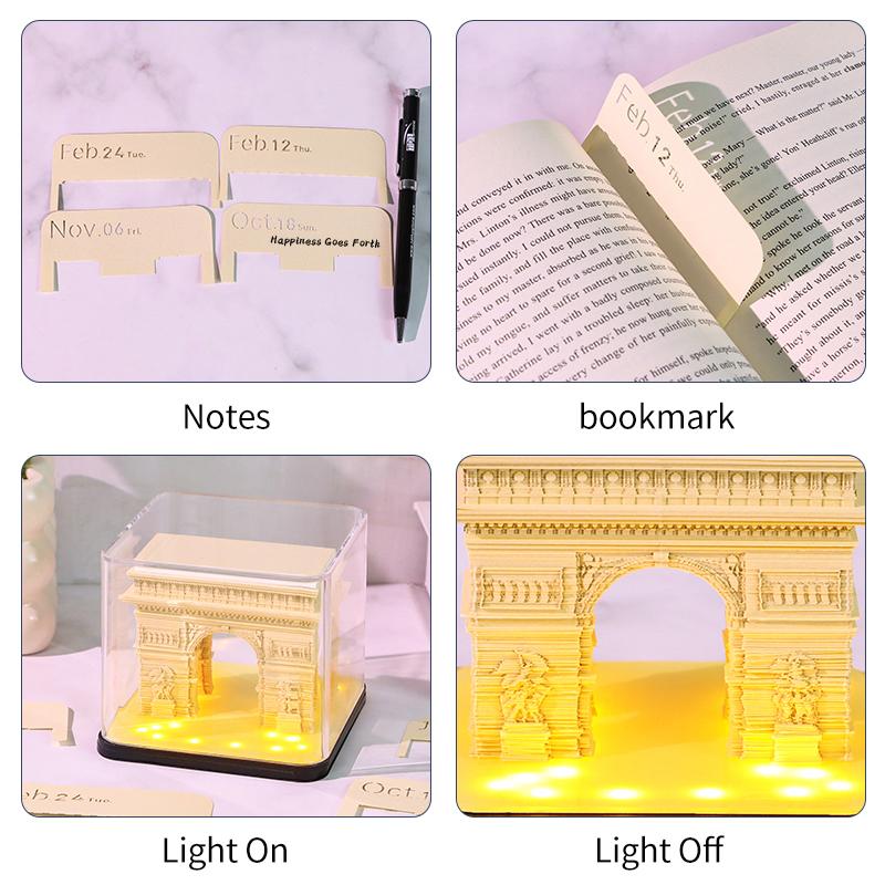 Time Piece Calendar 2026 Desk Calendar With Led Light 3D Tear-Away Calendar Paper Carving Art Memo Pad Notepad Gift Christmas