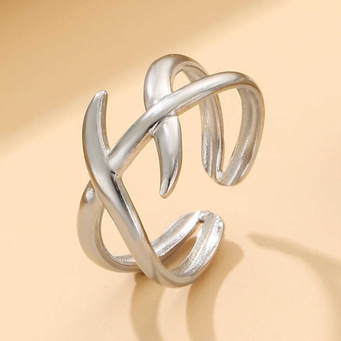 Stainless Steel Women s Ring with Intersecting Lines – Minimalist Titanium Design