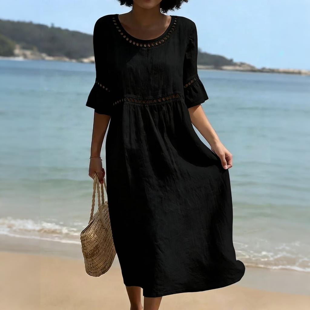 Vintage Hollow Out Lace Round Neck Midi Dress Women Cotton Linen Casual Loose Fit Half Sleeve Summer Dress