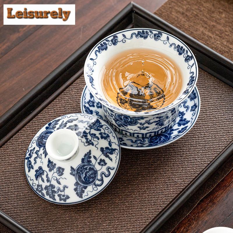 Gaiwan de Cerámica Azul y Blanco de 250 ml Creativo de Gran Tamaño Anti Escaldaduras Taza de Té con Tapa Servicios de Vajilla Artesanal