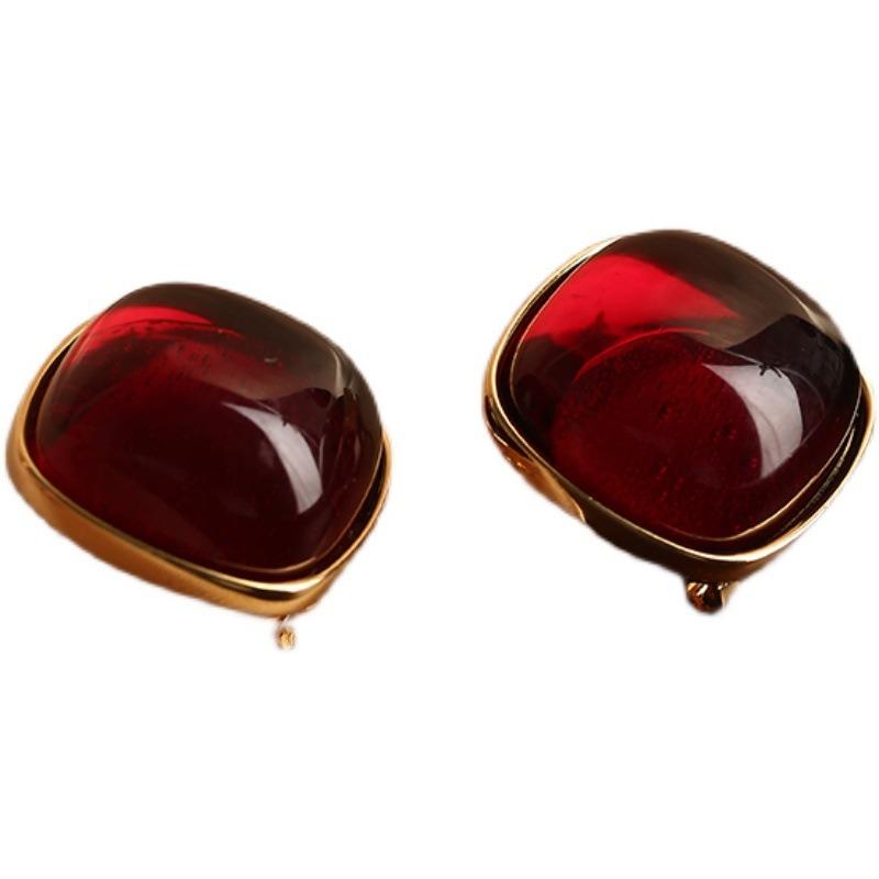 Silver Needle Square Smudge Resin Stud Earrings French Retro Temperament Earrings Fashion Simple High Sense Earrings