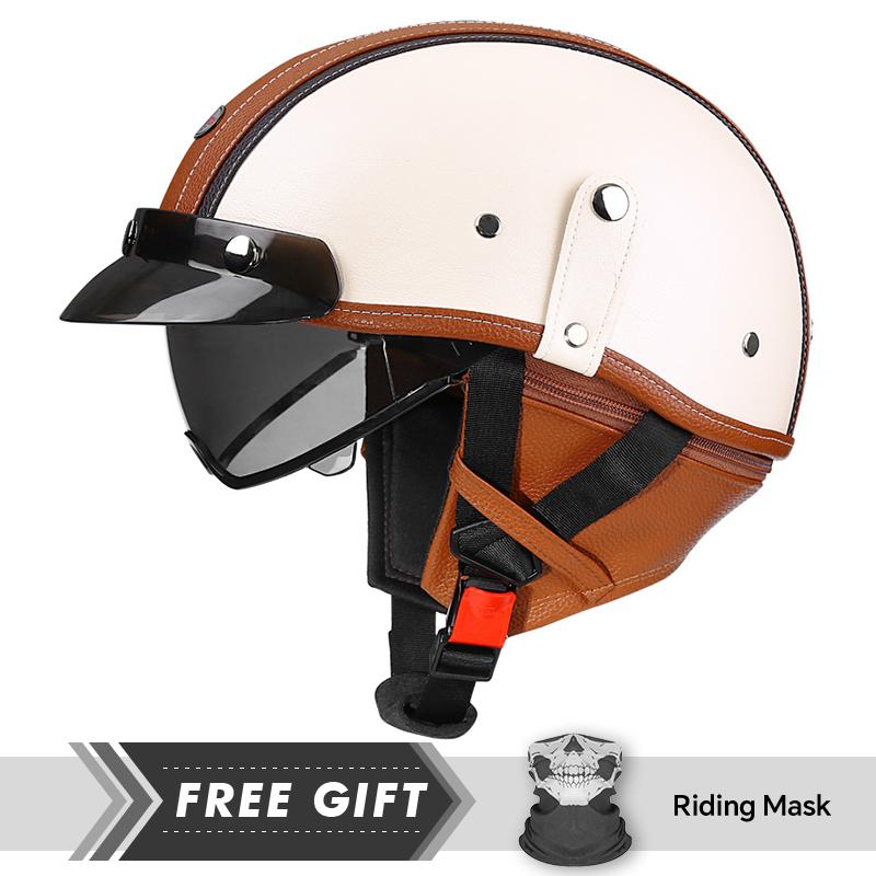 DOT Approved Retro Half Face Motorcycle Helmets Leather Vintage 1/2 Half Helmets Built In Lens Low Profile Open Face Helmets
