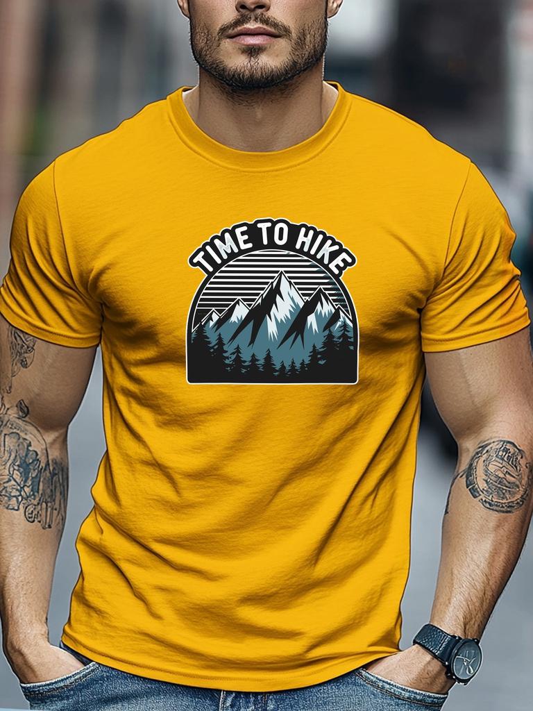 Mens Hiking TShirt Time To Hike Mountain Print Short Sleeve Round Neck Breathable Oversized Daily Wear TShirt