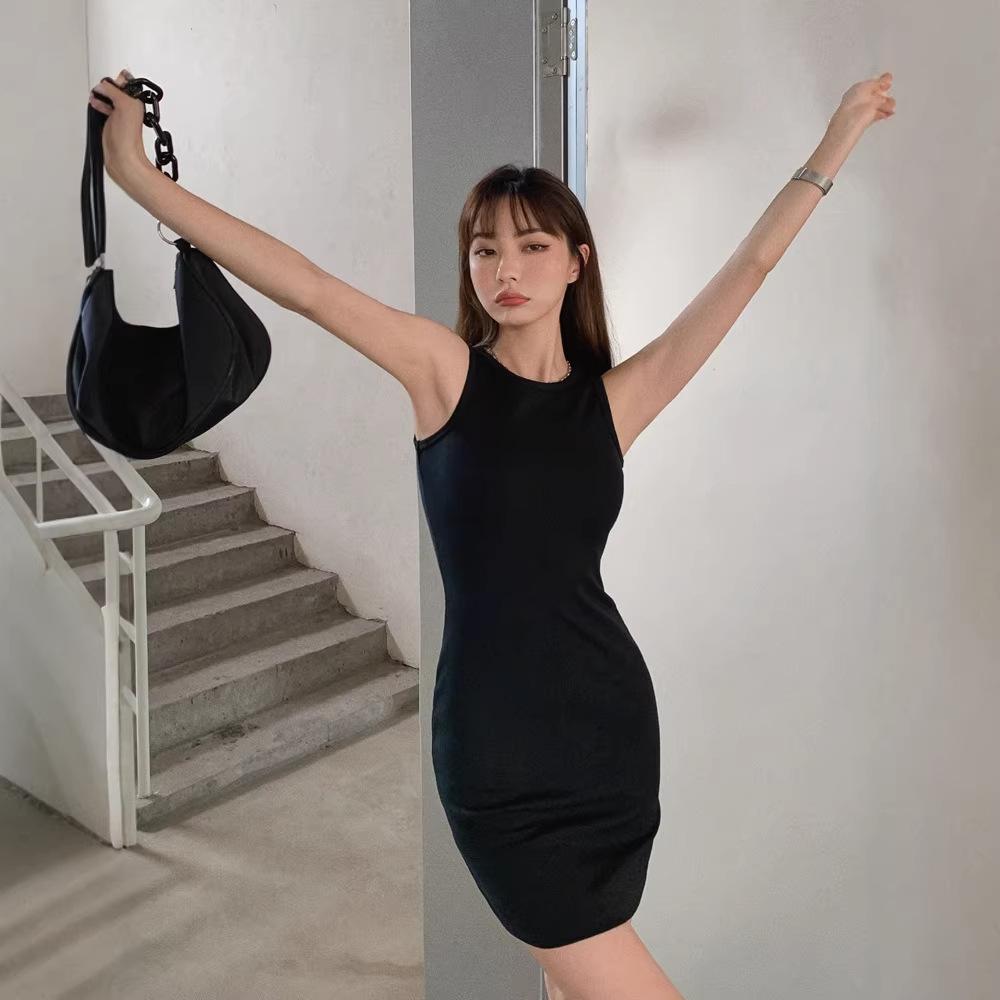 Real Spring and Summer New Slim-fitting Sleeveless Vest Dress Black Hip-wrapped Dress Women's Slimming Suspender Dress