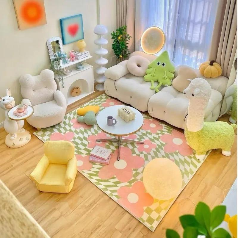 Pink Blue Checkerboard Bedside Carpet Cute Dopamine Bedroom Rug Fashion Ins Advanced Light Luxury Soft Coffee Table Mat Tapis