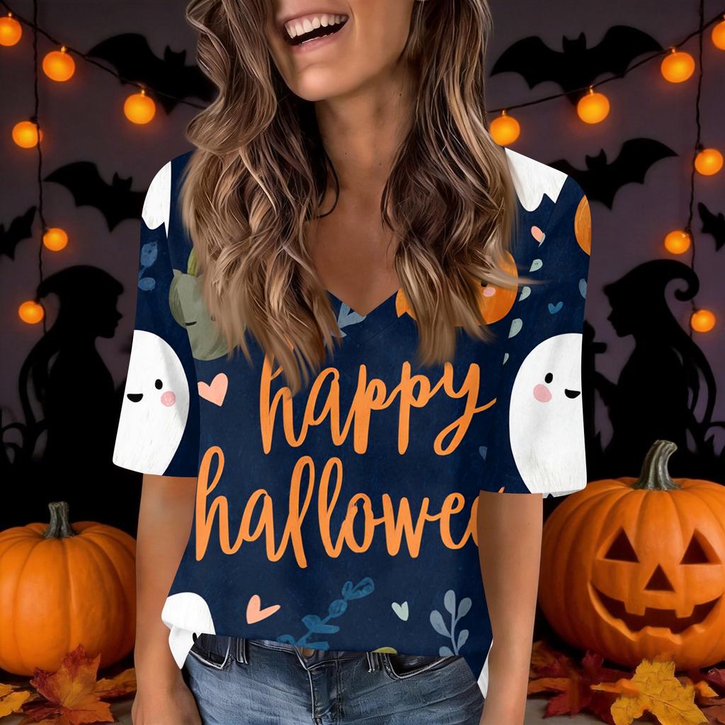 Women's Fashion Short Sleeve V Neck Halloween Print Tunic Top for Casual Wear