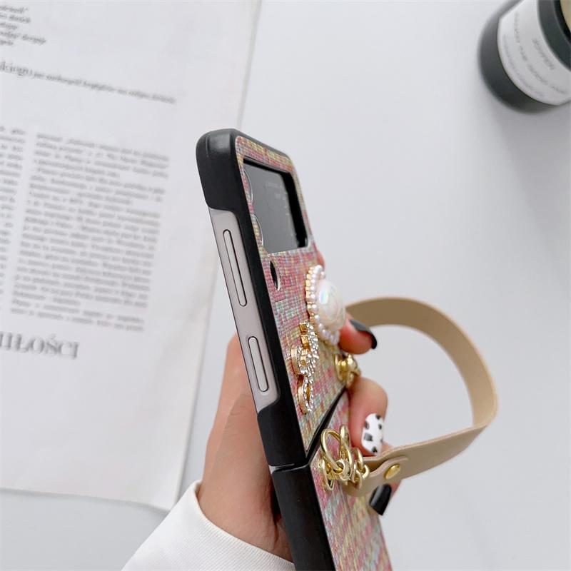 Luksus vintage vevd mønsterveske for Samsung Galaxy Z Flip 5 4 Z Flip 3 Square Pearl PU Brace Lanyard Cover for Samsung Galaxy Z Fold 5 3 Z fold 4