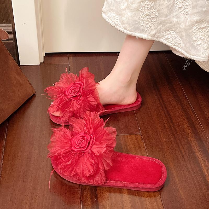 Fashion Cotton Mopping Winter New Round Toe Open Toe Flower Suede Non-slip Wear-resistant Flats