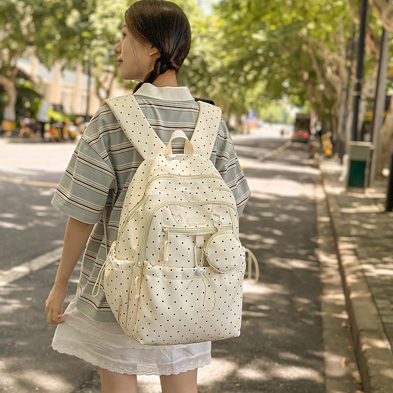 Women's Wave Point Print Backpack Junior High School Student Schoolbag Large Capacity Backpack with Coin Purse