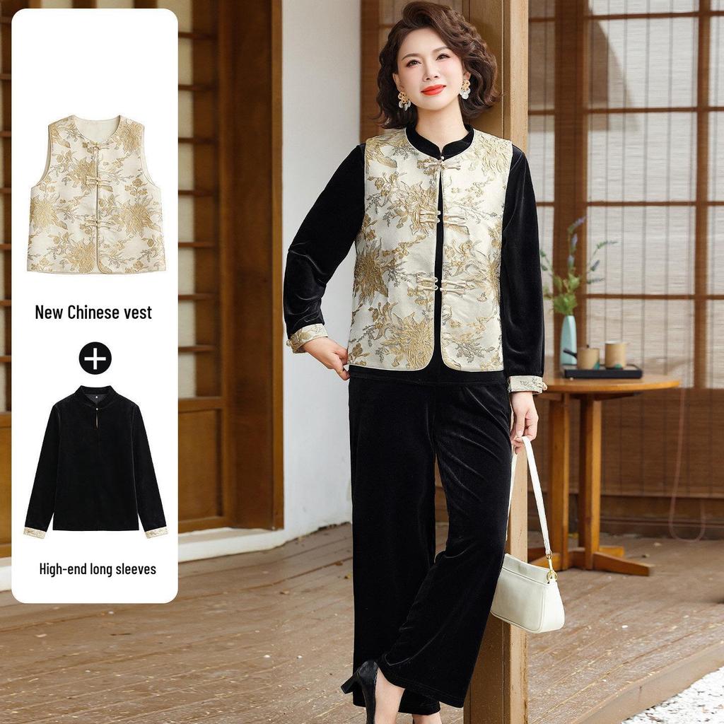 Mother's Day Elegant Spring/Autumn Chinese-Style Suit: Middle-Aged Women's Jacquard Embroidery Vest Three-Piece Set.