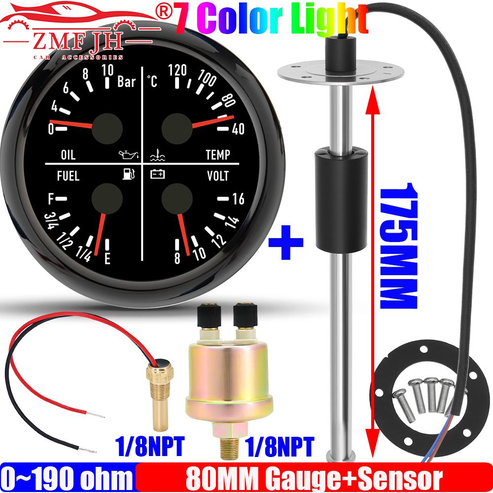ZMFJH 100-550MM Fuel Level Sensor 0-190ohm 80MM Oil Pressure+Water Temp+Fuel Level+Voltage 7 Color LED for Marine Boat Yacht Car