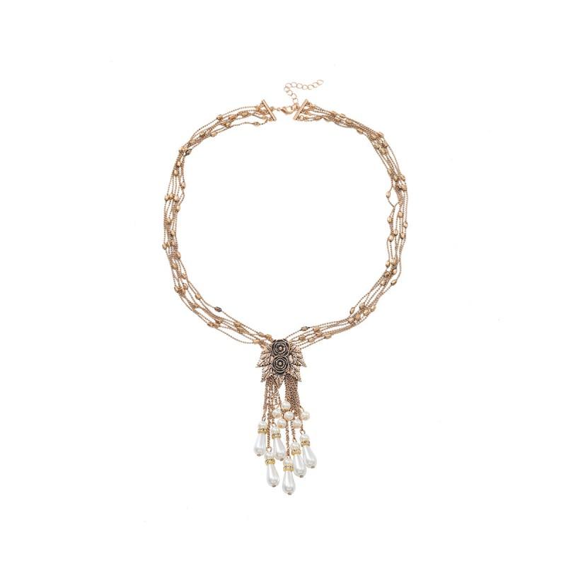 Vintage Floral Pendant Necklace With Alloy Pearl Tassel Charm Gold Tone LayeredChain Women
