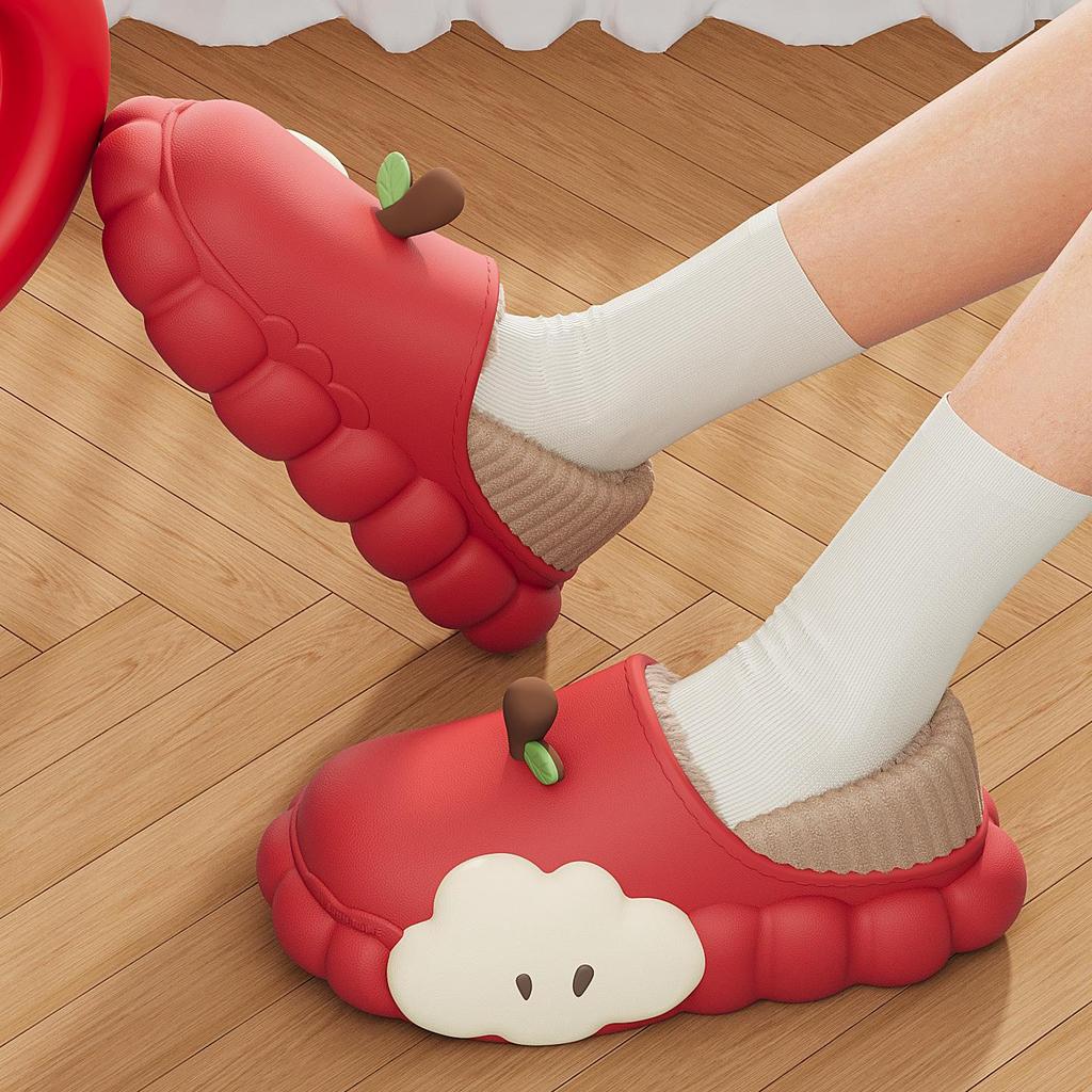 Women's Winter Cartoon Apple Cotton Slippers: Indoor Plush, Warm, Waterproof, Non-Slip Shoes