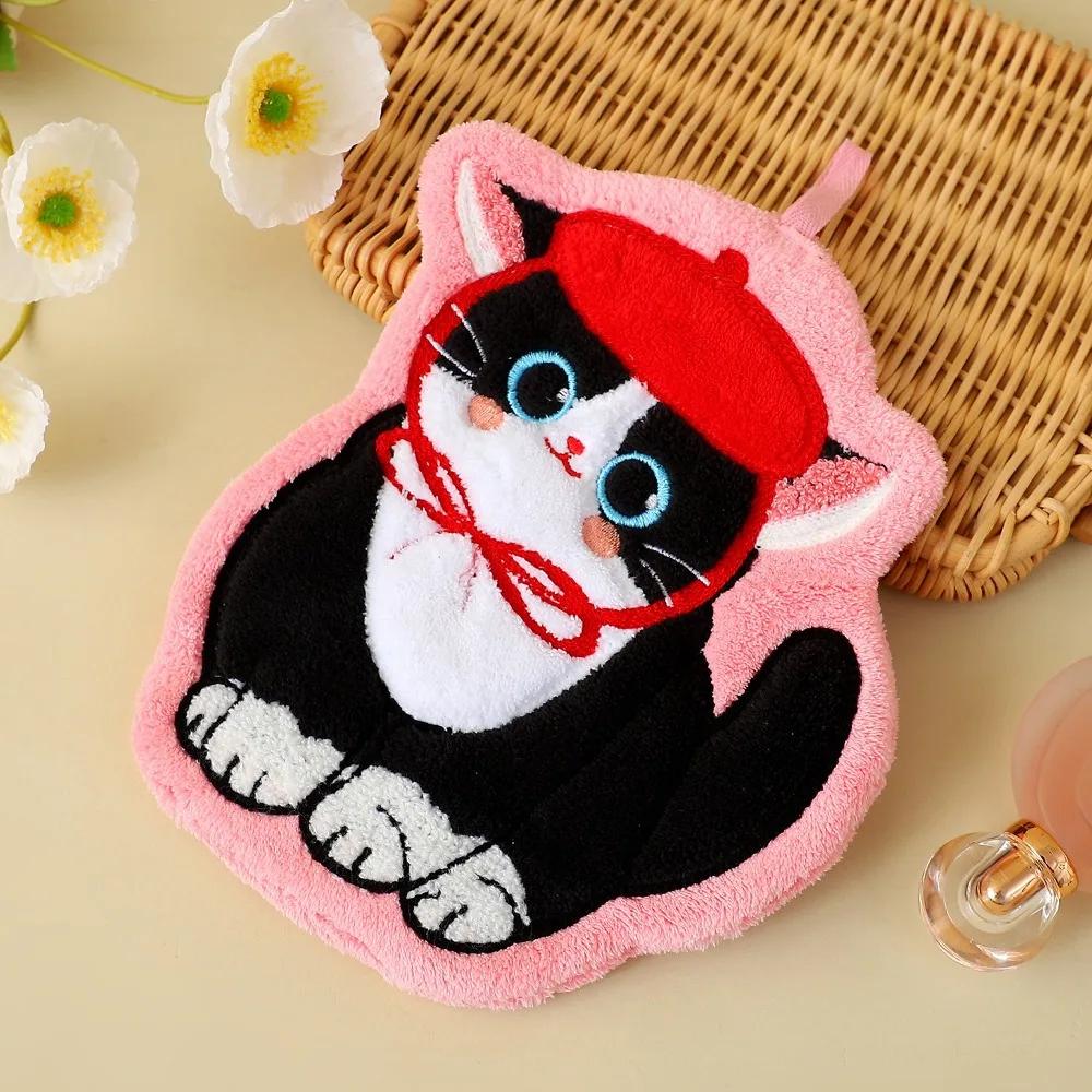 Durable Cute Cat Hand Towel Soft Coral Fleece Bathroom Kerchief Hanging Style Thickened Washcloth