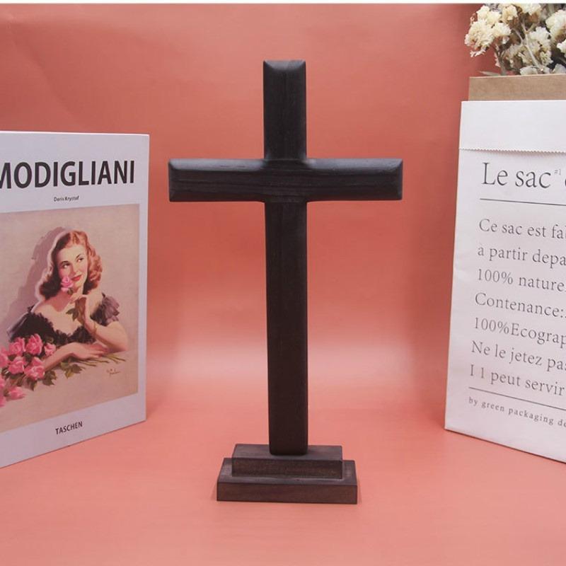 1PC Catholic Christian Solid Wood Pine Carbon Black Cross Decoration Wooden Cross Handmade