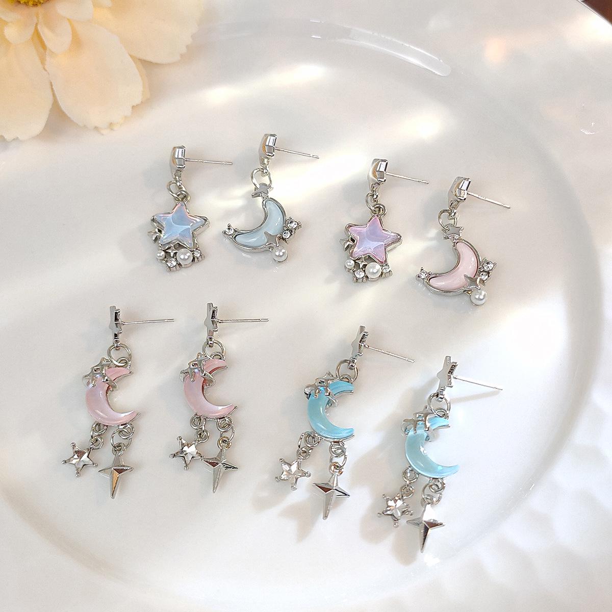 

Silver Needle Asymmetrical Moon & Star Diamond Tassel Earrings
