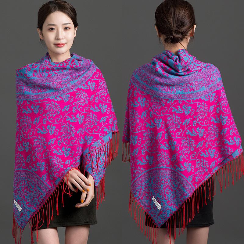 Ethnic Style Blue White Porcelain Faux Cashmere Scarf For Women Winter Autumn Travel Gift